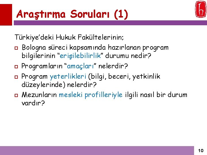 Araştırma Soruları (1) Türkiye’deki Hukuk Fakültelerinin; Bologna süreci kapsamında hazırlanan program bilgilerinin “erişilebilirlik” durumu