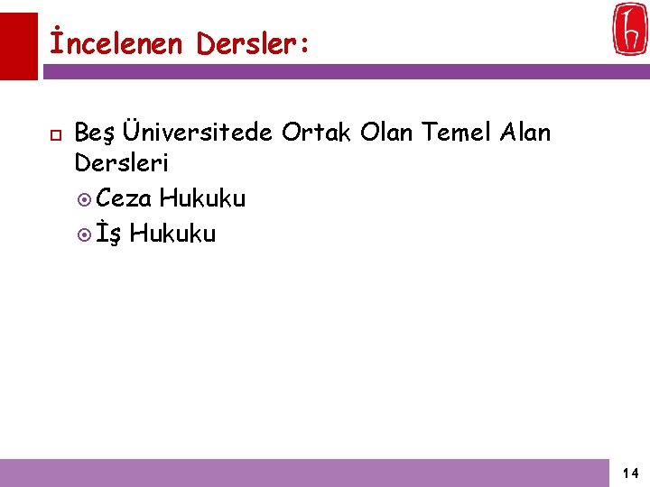 İncelenen Dersler: Beş Üniversitede Ortak Olan Temel Alan Dersleri Ceza Hukuku İş Hukuku 14