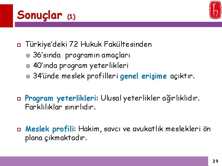 Sonuçlar (1) Türkiye’deki 72 Hukuk Fakültesinden 36’sında programın amaçları 40’ında program yeterlikleri 34’ünde meslek