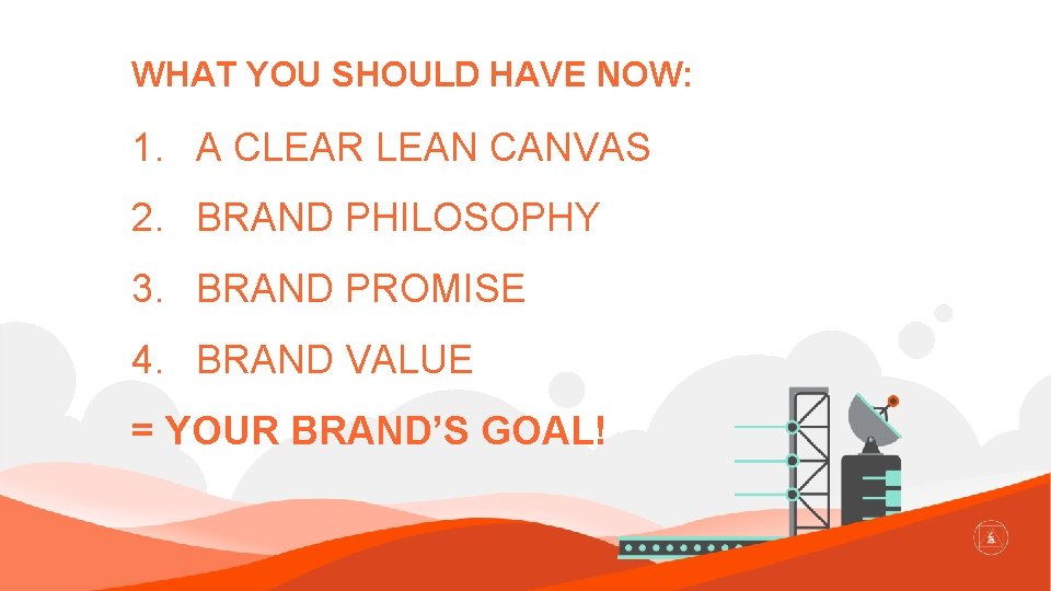 WHAT YOU SHOULD HAVE NOW: 1. A CLEAR LEAN CANVAS 2. BRAND PHILOSOPHY 3.