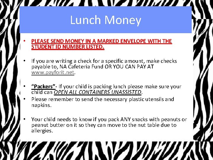 Lunch Money • PLEASE SEND MONEY IN A MARKED ENVELOPE WITH THE STUDENT ID