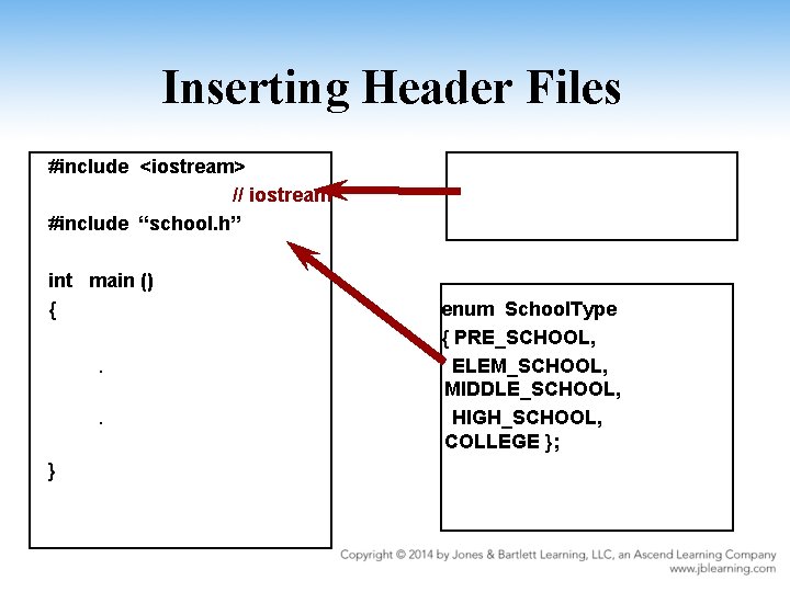 Inserting Header Files #include <iostream> // iostream #include “school. h” int main () {.