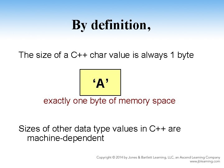 By definition, The size of a C++ char value is always 1 byte ‘A’