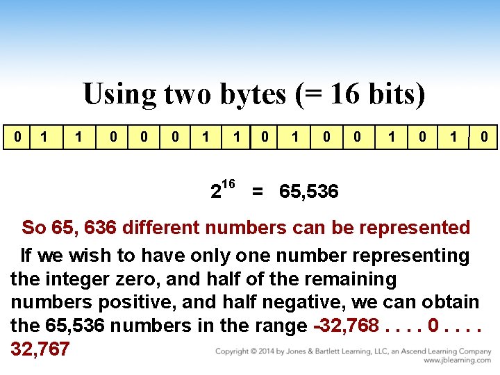 Using two bytes (= 16 bits) 0 1 1 0 0 0 1 1