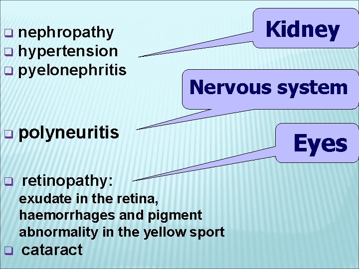 nephropathy q hypertension q pyelonephritis Kidney q q polyneuritis q retinopathy: Nervous system exudate