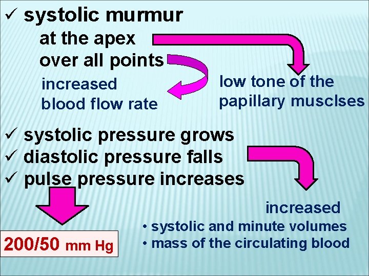 ü systolic murmur at the apex over all points increased blood flow rate low