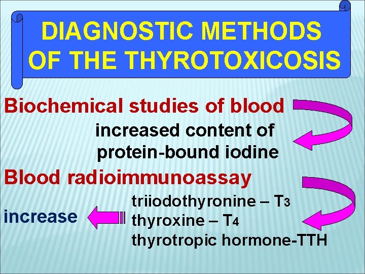 DIAGNOSTIC METHODS OF THE THYROTOXICOSIS Biochemical studies of blood increased content of protein-bound iodine