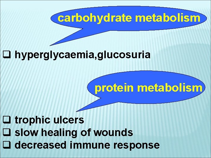 carbohydrate metabolism q hyperglycaemia, glucosuria protein metabolism q trophic ulcers q slow healing of