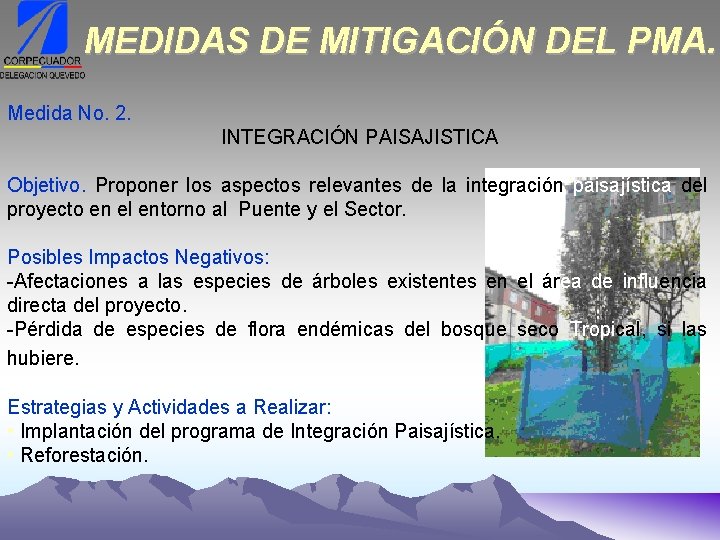 MEDIDAS DE MITIGACIÓN DEL PMA. Medida No. 2. INTEGRACIÓN PAISAJISTICA Objetivo. Proponer los aspectos