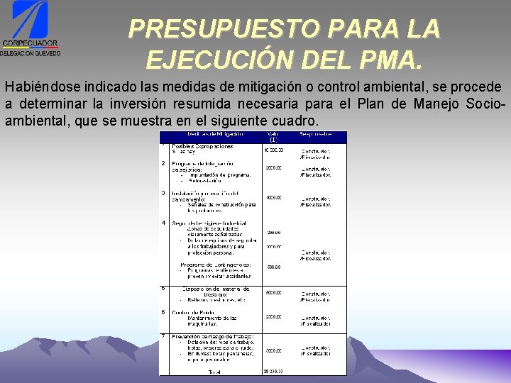 PRESUPUESTO PARA LA EJECUCIÓN DEL PMA. Habiéndose indicado las medidas de mitigación o control