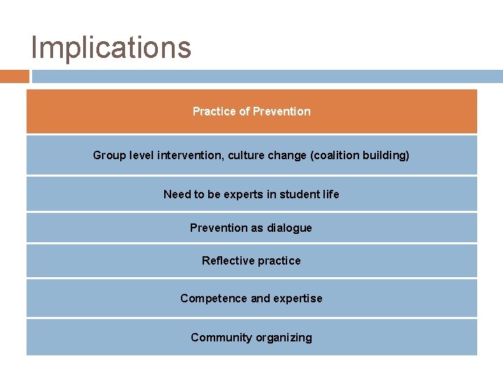Implications Practice of Prevention Group level intervention, culture change (coalition building) Need to be