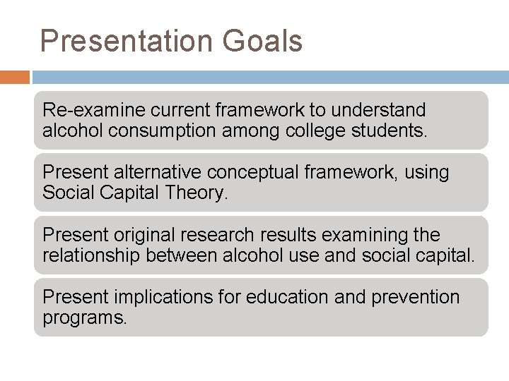 Presentation Goals Re-examine current framework to understand alcohol consumption among college students. Present alternative