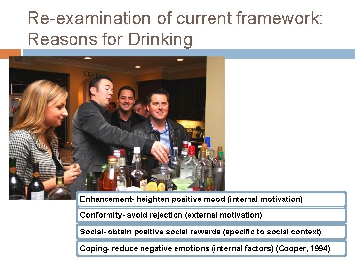 Re-examination of current framework: Reasons for Drinking Enhancement- heighten positive mood (internal motivation) Conformity-