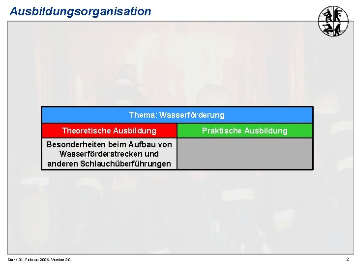 Ausbildungsorganisation Thema: Wasserförderung Theoretische Ausbildung Praktische Ausbildung Besonderheiten beim Aufbau von Wasserförderstrecken und anderen Ausbildungsorganisation Thema: Wasserförderung Theoretische Ausbildung Praktische Ausbildung Besonderheiten beim Aufbau von Wasserförderstrecken und anderen
