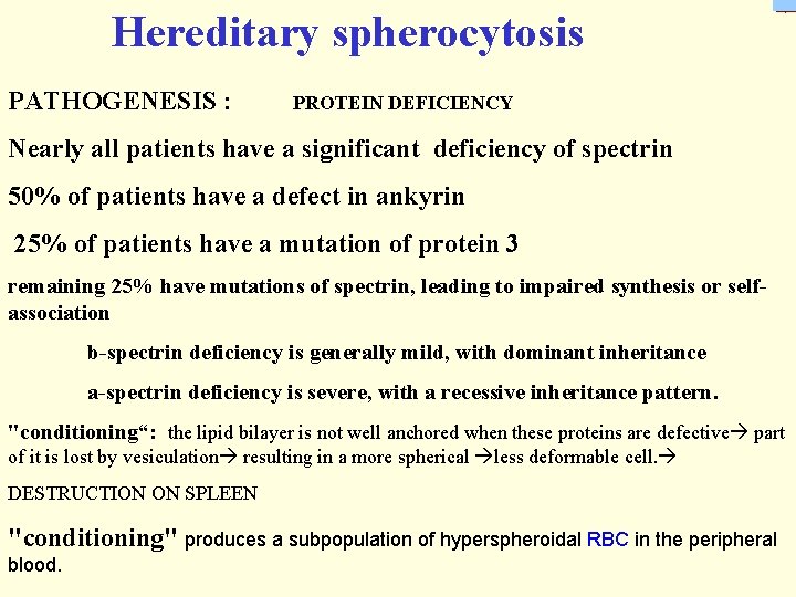 Hereditary spherocytosis PATHOGENESIS : PROTEIN DEFICIENCY Nearly all patients have a significant deficiency of