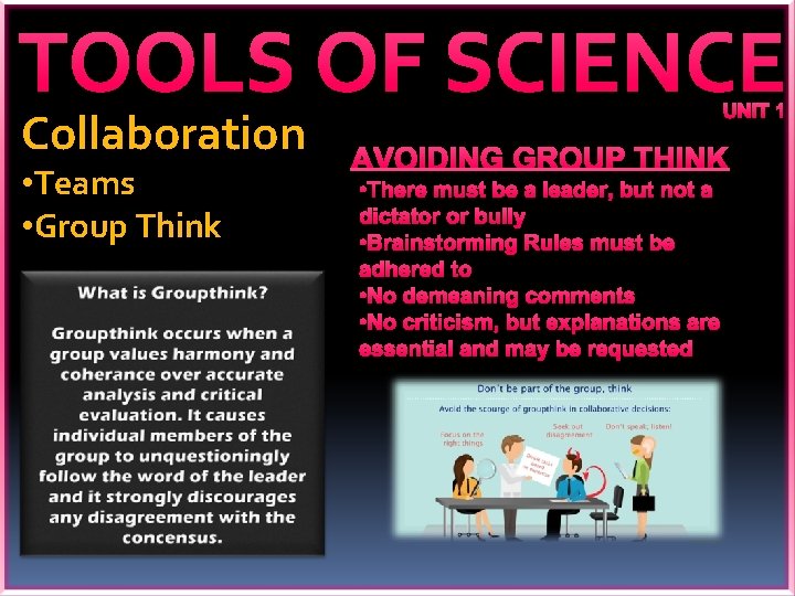 TOOLS OF SCIENCE Collaboration • Teams • Group Think UNIT 1 AVOIDING GROUP THINK