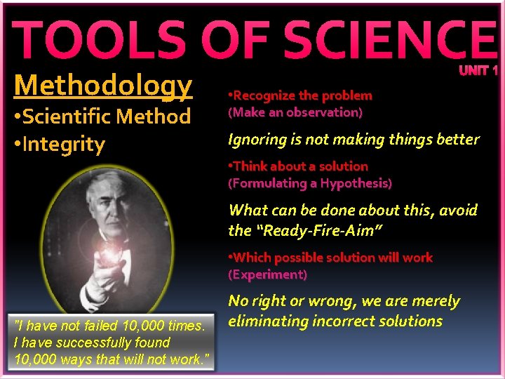 TOOLS OF SCIENCE Methodology • Scientific Method • Integrity UNIT 1 • Recognize the