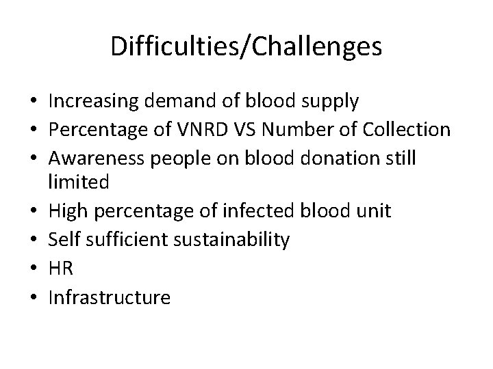 Difficulties/Challenges • Increasing demand of blood supply • Percentage of VNRD VS Number of