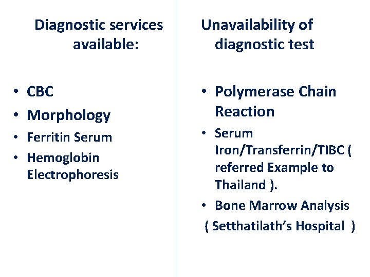 Diagnostic services available: • CBC • Morphology • Ferritin Serum • Hemoglobin Electrophoresis Unavailability