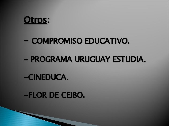 Otros: - COMPROMISO EDUCATIVO. - PROGRAMA URUGUAY ESTUDIA. -CINEDUCA. -FLOR DE CEIBO. 