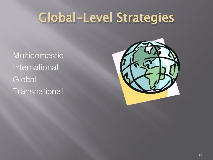 Global-Level Strategies Multidomestic International Global Transnational 11 