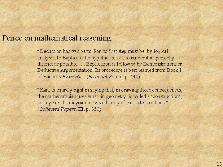 Peirce on mathematical reasoning: “Deduction has two parts. For its first step must be,