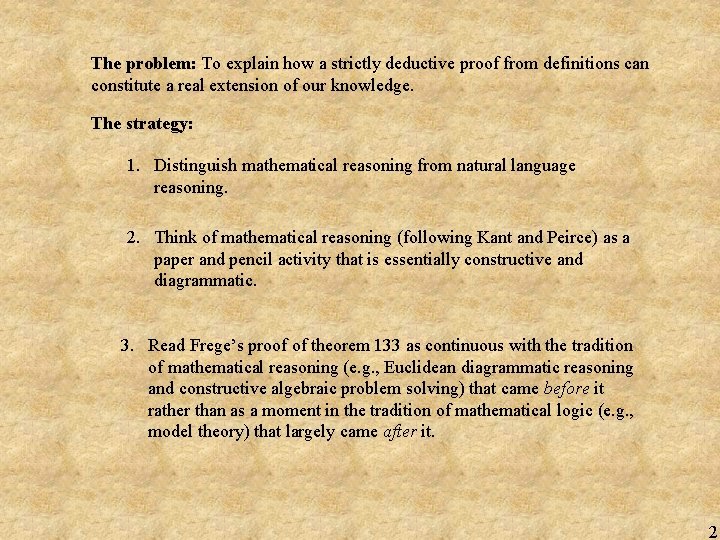 The problem: To explain how a strictly deductive proof from definitions can constitute a