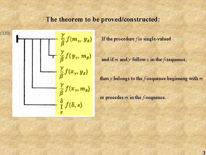 The theorem to be proved/constructed: (133) If the procedure f is single-valued and if