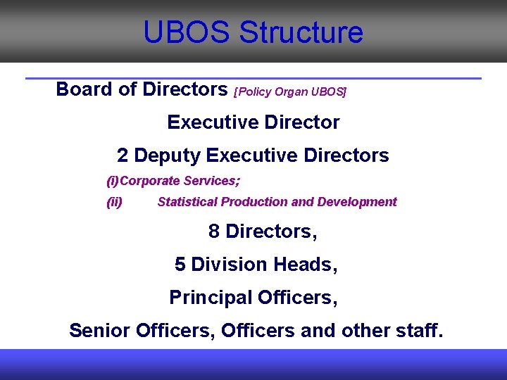 UBOS Structure Board of Directors [Policy Organ UBOS] Executive Director 2 Deputy Executive Directors