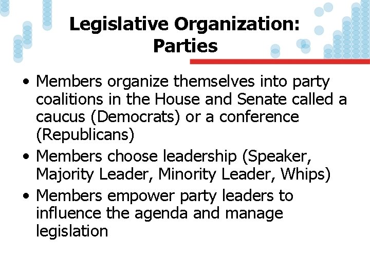 Legislative Organization: Parties • Members organize themselves into party coalitions in the House and