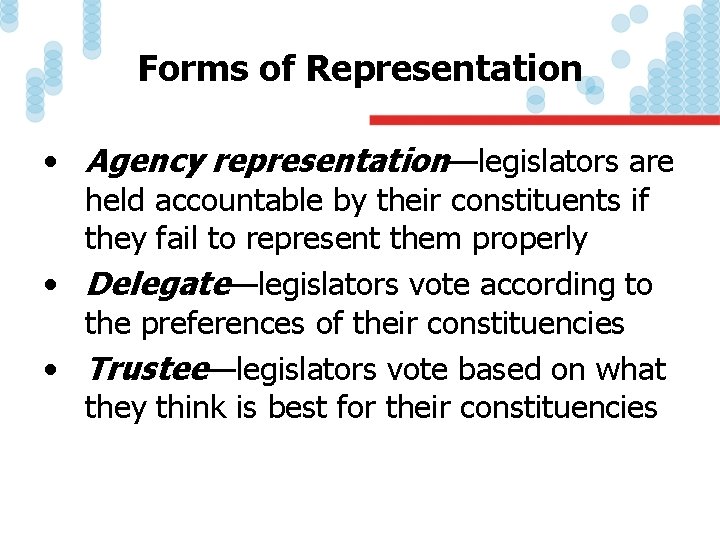 Forms of Representation • Agency representation—legislators are held accountable by their constituents if they