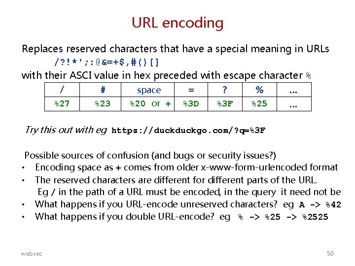 URL encoding Replaces reserved characters that have a special meaning in URLs /? !*';