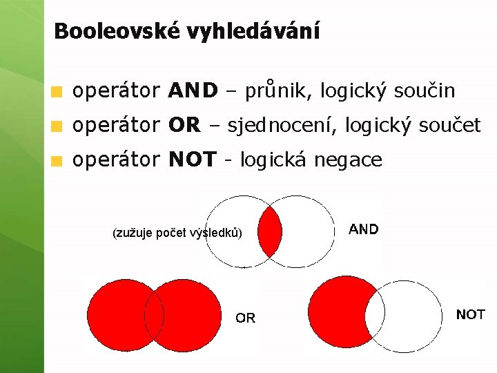 Booleovské vyhledávání operátor AND – průnik, logický součin operátor OR – sjednocení, logický součet