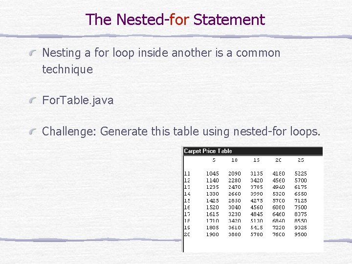 The Nested-for Statement Nesting a for loop inside another is a common technique For.