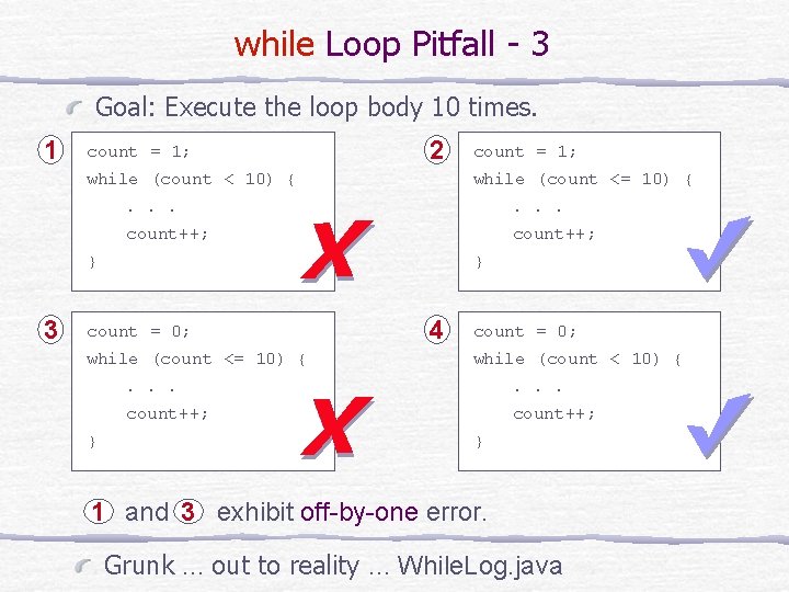 while Loop Pitfall - 3 Goal: Execute the loop body 10 times. 1 count while Loop Pitfall - 3 Goal: Execute the loop body 10 times. 1 count