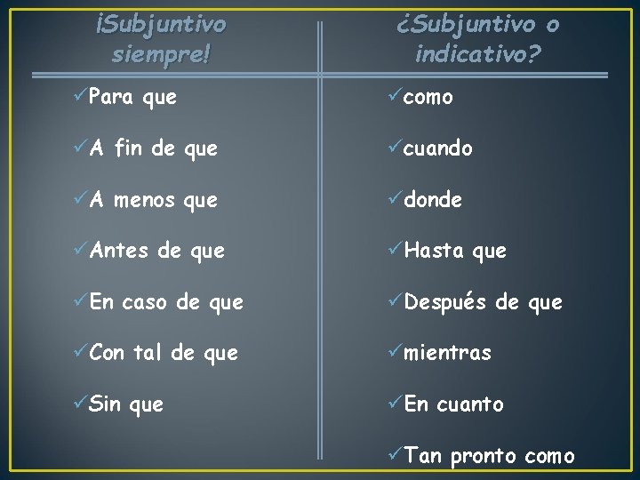 ¡Subjuntivo siempre! ¿Subjuntivo o indicativo? üPara que ücomo üA fin de que ücuando üA