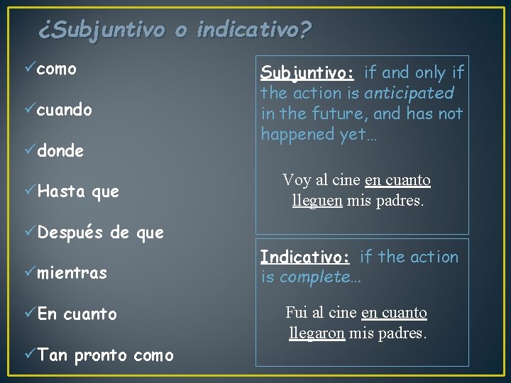 ¿Subjuntivo o indicativo? ücomo ücuando üdonde üHasta que Subjuntivo: if and only if the