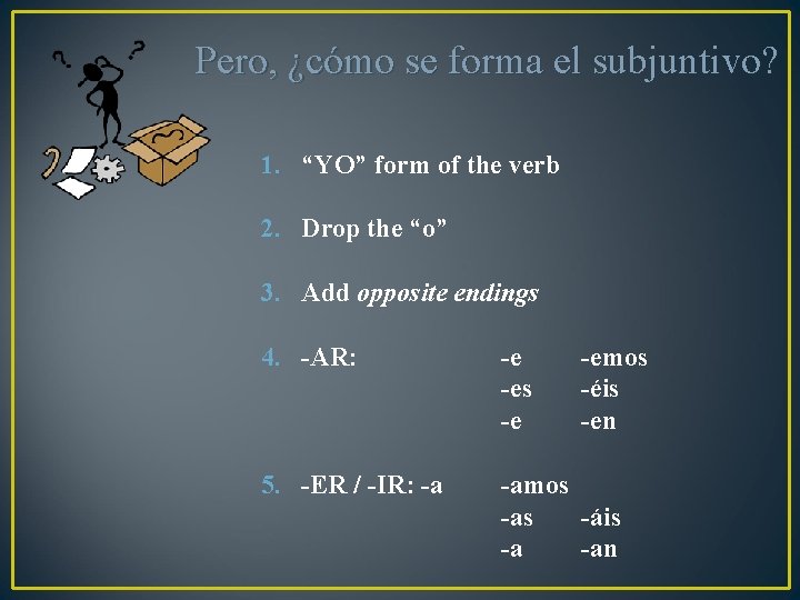 Pero, ¿cómo se forma el subjuntivo? 1. “YO” form of the verb 2. Drop