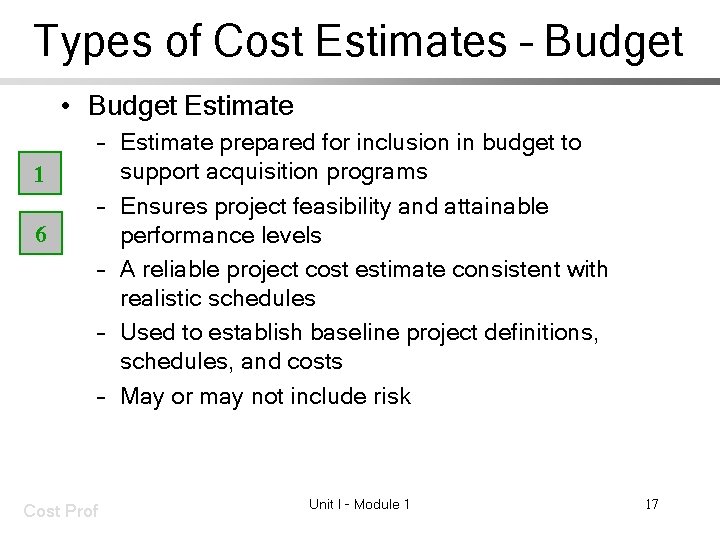 Types of Cost Estimates – Budget • Budget Estimate 1 6 – Estimate prepared