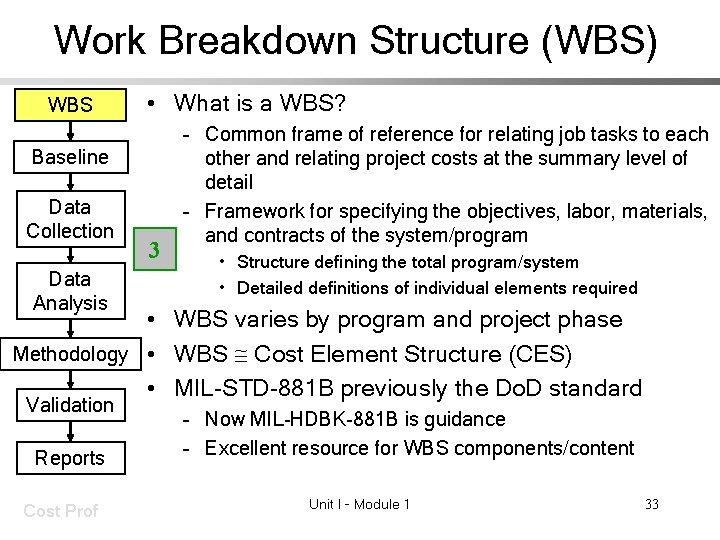 Work Breakdown Structure (WBS) WBS • What is a WBS? Baseline Data Collection Data