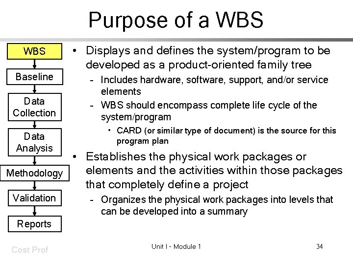 Purpose of a WBS Baseline Data Collection Data Analysis • Displays and defines the