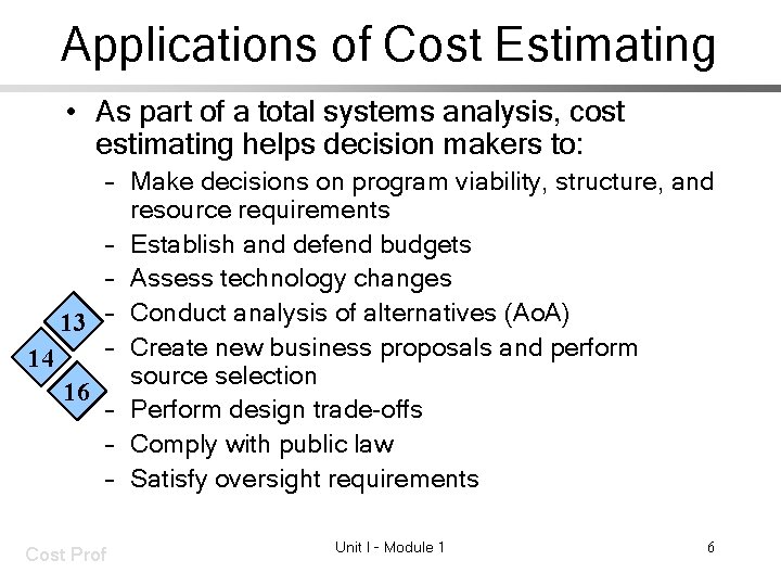 Applications of Cost Estimating • As part of a total systems analysis, cost estimating