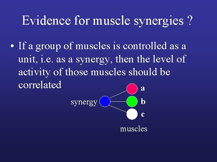 Evidence for muscle synergies ? • If a group of muscles is controlled as