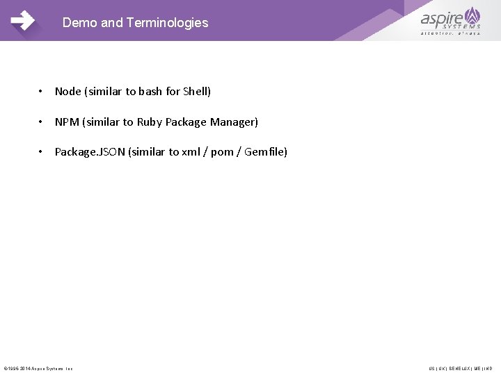 Demo and Terminologies • Node (similar to bash for Shell) • NPM (similar to