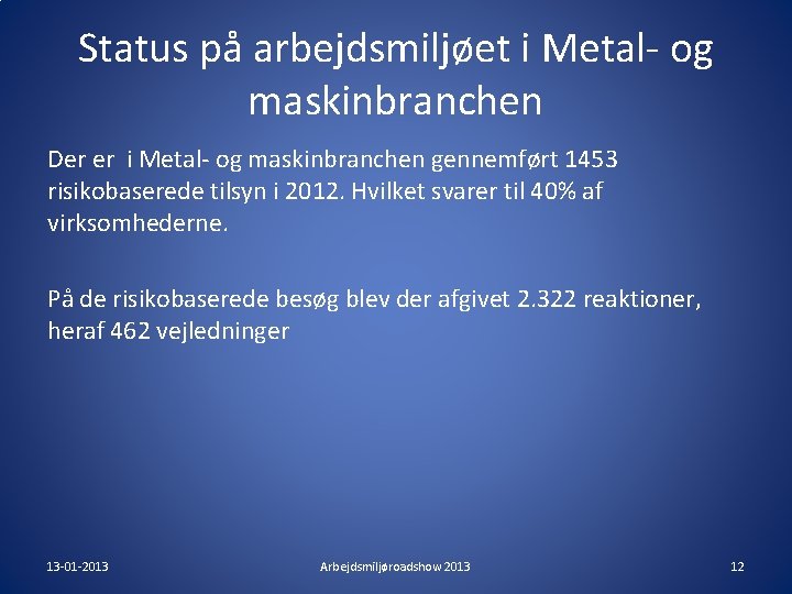 Status på arbejdsmiljøet i Metal- og maskinbranchen Der er i Metal- og maskinbranchen gennemført Status på arbejdsmiljøet i Metal- og maskinbranchen Der er i Metal- og maskinbranchen gennemført
