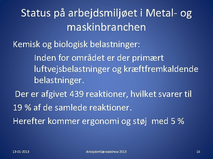 Status på arbejdsmiljøet i Metal- og maskinbranchen Kemisk og biologisk belastninger: Inden for området Status på arbejdsmiljøet i Metal- og maskinbranchen Kemisk og biologisk belastninger: Inden for området
