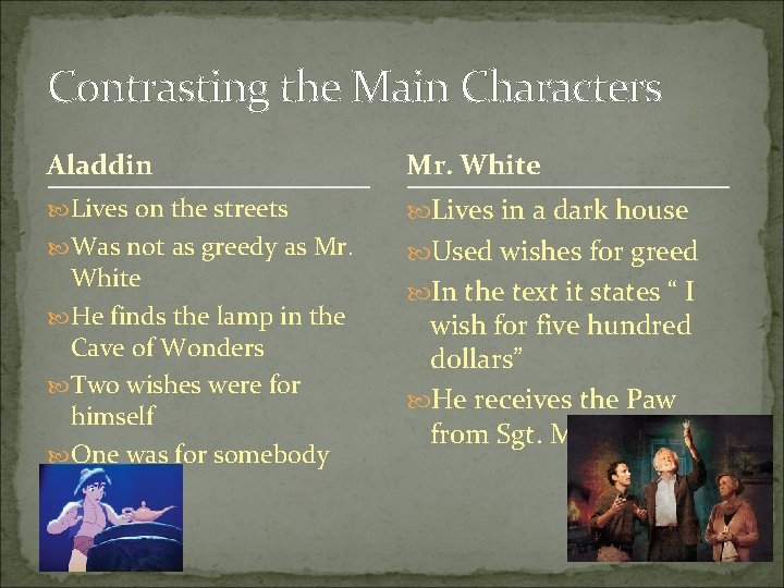 Contrasting the Main Characters Aladdin Mr. White Lives on the streets Lives in a Contrasting the Main Characters Aladdin Mr. White Lives on the streets Lives in a