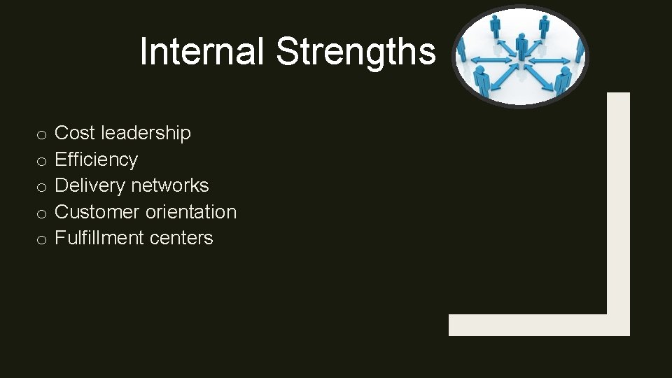 Internal Strengths o o o Cost leadership Efficiency Delivery networks Customer orientation Fulfillment centers