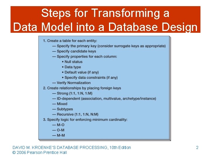 Steps for Transforming a Data Model into a Database Design DAVID M. KROENKE’S DATABASE