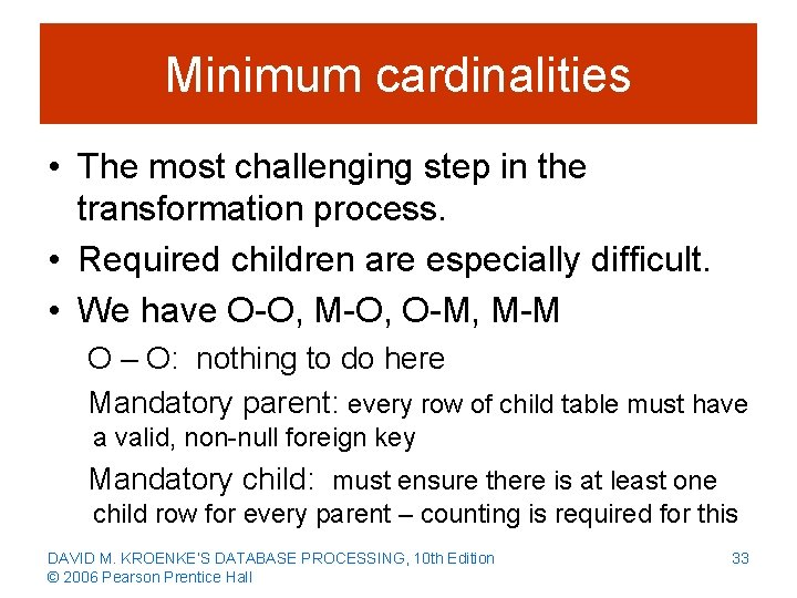 Minimum cardinalities • The most challenging step in the transformation process. • Required children